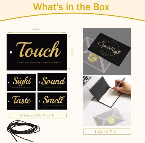 5 Senses Gift Tags Set - Five Senses Card for Him - Anniversary, Valentine's Day, Birthday - Black with Gold Letters - 5 Tags + 1 Greeting Card（speaicd Gift） in Saudi Arabia