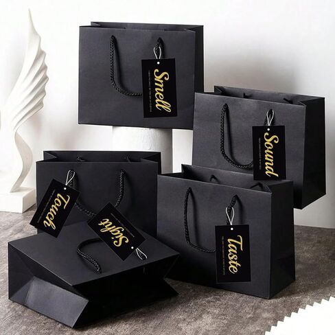 5 Senses Gift Tags Set - Five Senses Card for Him - Anniversary, Valentine's Day, Birthday - Black with Gold Letters - 5 Tags + 1 Greeting Card（speaicd Gift） in Saudi Arabia
