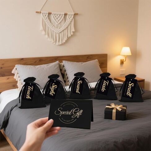 5 Senses Gift Tags Set - Five Senses Card for Him - Anniversary, Valentine's Day, Birthday - Black with Gold Letters - 5 Tags + 1 Greeting Card（speaicd Gift） in Saudi Arabia