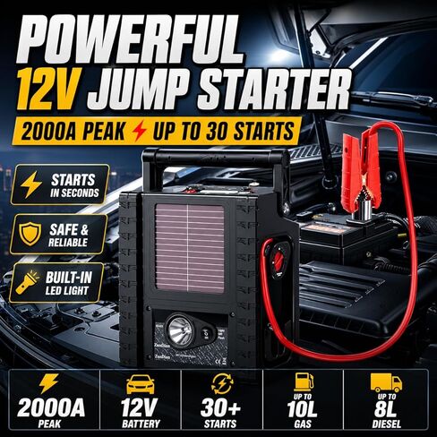 2000A Car Jump Starter & Battery Booster with Air Compressor – 12V Portable Car Starter for Trucks, SUVs, RVs & Cars – 400W AC Inverter, USB/DC Ports, LED Flashlight,Solar Charging in Saudi Arabia