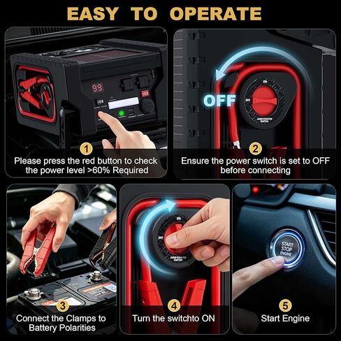 2000A Car Jump Starter & Battery Booster with Air Compressor – 12V Portable Car Starter for Trucks, SUVs, RVs & Cars – 400W AC Inverter, USB/DC Ports, LED Flashlight,Solar Charging in Saudi Arabia