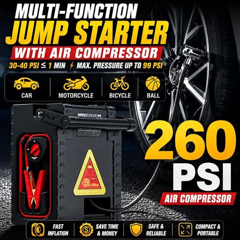 2000A Car Jump Starter & Battery Booster with Air Compressor – 12V Portable Car Starter for Trucks, SUVs, RVs & Cars – 400W AC Inverter, USB/DC Ports, LED Flashlight,Solar Charging in Saudi Arabia