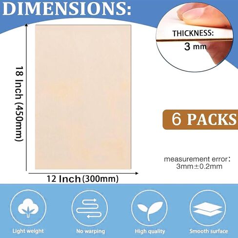 6 Pack Basswood Sheets for Crafts 12x18x1/8 Inch, 3mm Thick Unfinished Balsa Wood Sheet for Laser Cutting & Engraving, DIY Ornaments and Architectural Model in Saudi Arabia