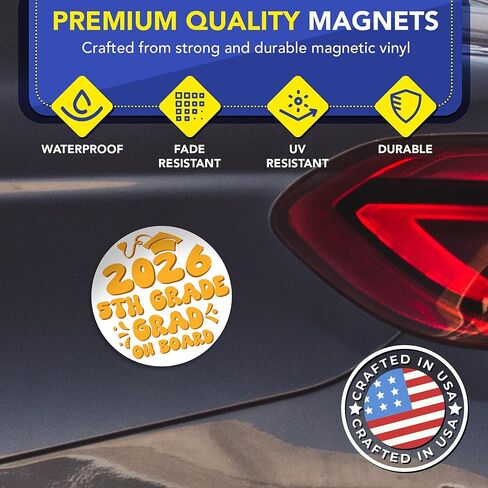 Magnet Me Up 5th Grade Graduation Magnet - 5" Round Class of 2026 Grad On Board Sign Gift, Car Magnet, White and Yellow - Full-Color UV Printed, Weatherproof, Made in The USA - Graduation Car Decor in Kuwait