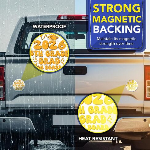 Magnet Me Up 5th Grade Graduation Magnet - 5" Round Class of 2026 Grad On Board Sign Gift, Car Magnet, White and Yellow - Full-Color UV Printed, Weatherproof, Made in The USA - Graduation Car Decor in Kuwait