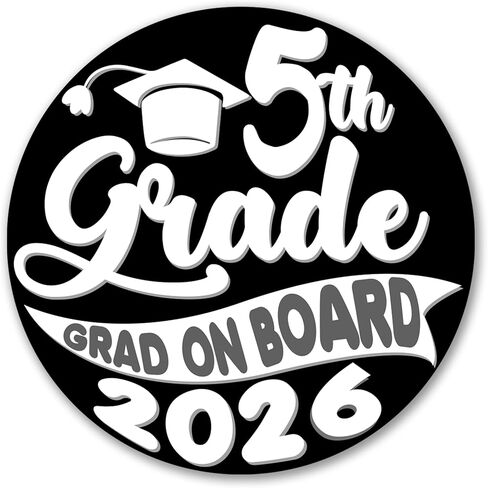 Magnet Me Up 5th Grade Graduation Magnet - 5" Round Class of 2026 Grad On Board Sign Gift, Car Magnet, White and Yellow - Full-Color UV Printed, Weatherproof, Made in The USA - Graduation Car Decor in Kuwait