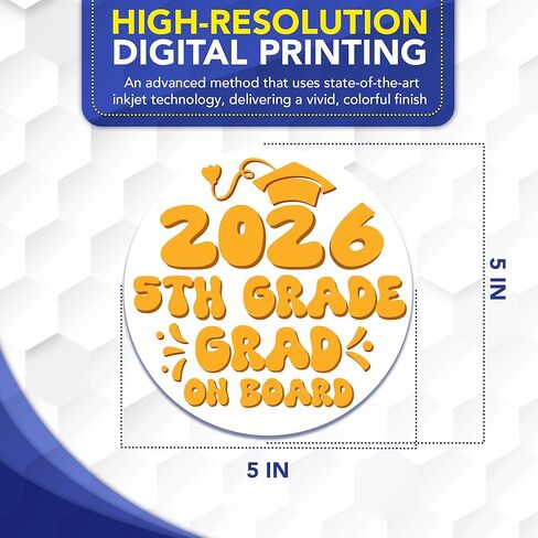 Magnet Me Up 5th Grade Graduation Magnet - 5" Round Class of 2026 Grad On Board Sign Gift, Car Magnet, White and Yellow - Full-Color UV Printed, Weatherproof, Made in The USA - Graduation Car Decor in Kuwait