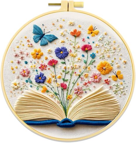 Zhenqing Open Book Garden Embroidery Kit, Fantasy Floral Craft Set with 20cm Hoop, Printed Design on 29x29cm Cotton Fabric, DIY Butterfly Wall Art (JC0023) in Kuwait