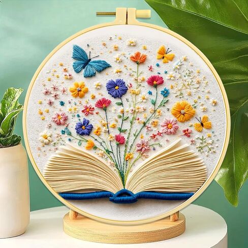 Zhenqing Open Book Garden Embroidery Kit, Fantasy Floral Craft Set with 20cm Hoop, Printed Design on 29x29cm Cotton Fabric, DIY Butterfly Wall Art (JC0023) in Kuwait