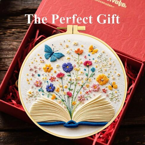 Zhenqing Open Book Garden Embroidery Kit, Fantasy Floral Craft Set with 20cm Hoop, Printed Design on 29x29cm Cotton Fabric, DIY Butterfly Wall Art (JC0023) in Kuwait