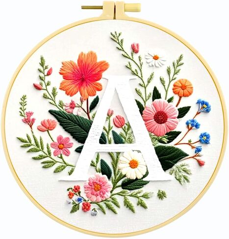 Zhenqing Letter A Floral Embroidery Kit for Beginners, Pre-Printed 29x29cm Cotton Fabric with 20cm Hoop, Alphabet Art Home Decor(C0083) in Kuwait