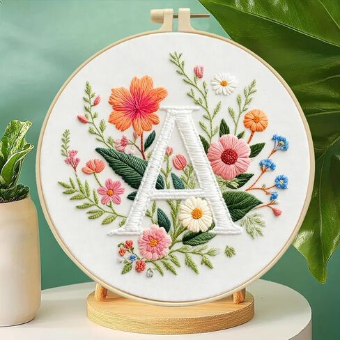 Zhenqing Letter A Floral Embroidery Kit for Beginners, Pre-Printed 29x29cm Cotton Fabric with 20cm Hoop, Alphabet Art Home Decor(C0083) in Kuwait