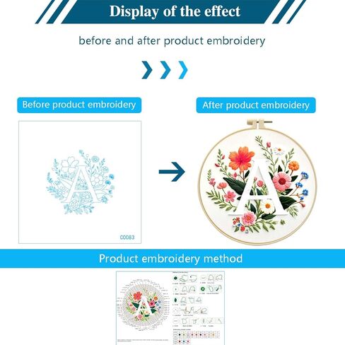 Zhenqing Letter A Floral Embroidery Kit for Beginners, Pre-Printed 29x29cm Cotton Fabric with 20cm Hoop, Alphabet Art Home Decor(C0083) in Kuwait