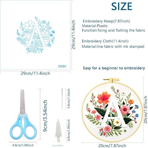 Zhenqing Letter A Floral Embroidery Kit for Beginners, Pre-Printed 29x29cm Cotton Fabric with 20cm Hoop, Alphabet Art Home Decor(C0083) in Kuwait