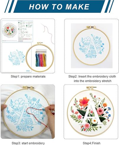 Zhenqing Letter A Floral Embroidery Kit for Beginners, Pre-Printed 29x29cm Cotton Fabric with 20cm Hoop, Alphabet Art Home Decor(C0083) in Kuwait