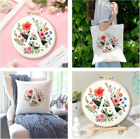Zhenqing Letter A Floral Embroidery Kit for Beginners, Pre-Printed 29x29cm Cotton Fabric with 20cm Hoop, Alphabet Art Home Decor(C0083) in Kuwait