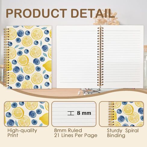 Blueberry Lemon Spiral Journal Notebook 5.5x8.3in, Fruit Lover Gifts, Cottagecore Fruit Botanical Journal for Women, Blue and Yellow Aesthetic Notebooks for Note Taking, Hardcover Notebook in Kuwait