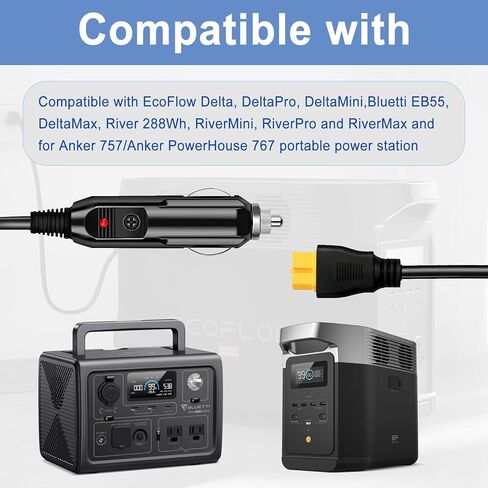 12V/24V XT60 Connector Car Charging Cable Compatible with Ecoflow Delta/River, Bluetti EB55, Anker 757/767, Portable Power Station and Solar Generators (with 2 Fuses) in Saudi Arabia