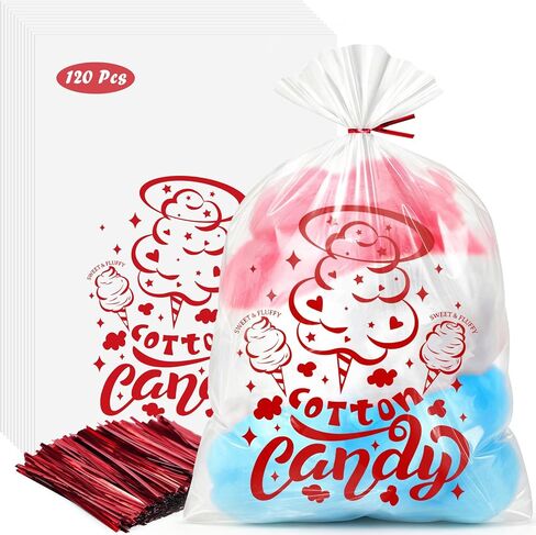 SUMMORO 120 Pcs Clear Cotton Candy Bags with Ties, 11.8 x 17.7 Inch Large Size Cotton Candy Bags Bulk, Perfect for Carnivals, Birthday Parties, Festivals and Commercial Use in Saudi Arabia