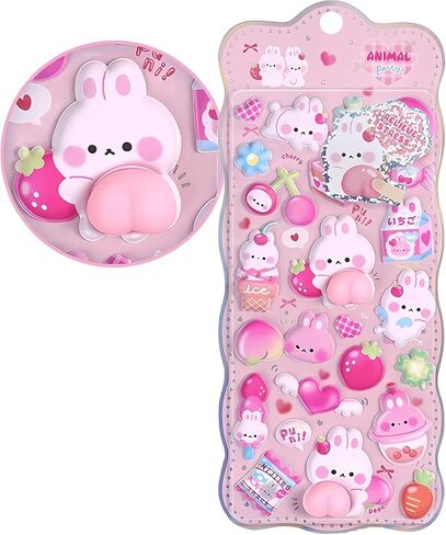 Cute Puffy Stickers, Kawaii 3D Bubble Foam Sticker, Puff Squishies Bear Bunny Sticker for Phone Case Notebook DIY (Pink) in Saudi Arabia