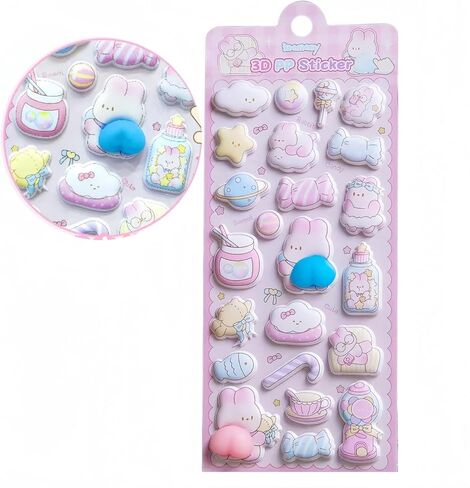 Cute Puffy Stickers, Kawaii 3D Bubble Foam Sticker, Puff Squishies Bear Bunny Sticker for Phone Case Notebook DIY (Pink) in Saudi Arabia