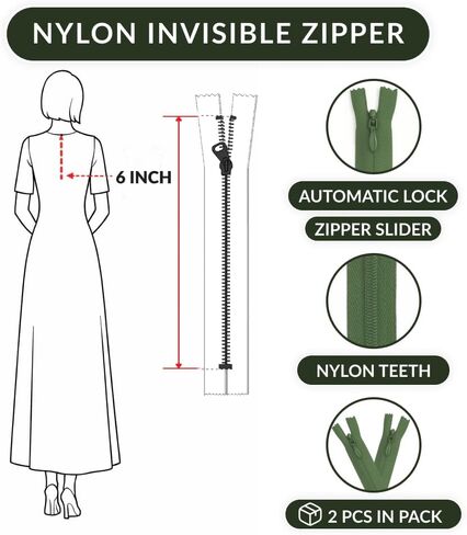 Army Green 6 Inch Nylon Invisible Zipper for Sewing, DIY Crafts, Dresses, Pillows – Conceal Coil Zipper for Tailoring & Home Decor (Military)-2pcs in Saudi Arabia
