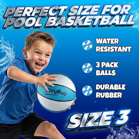 PlayBolt 7-Inch Pool Basketballs (3 Pack) - Waterproof Water Toy Balls - Size 3 Floating Water Basketball for Pool Hoop, Swimming Pool Party Games, Kids & Adults, with Hand Pump in Saudi Arabia