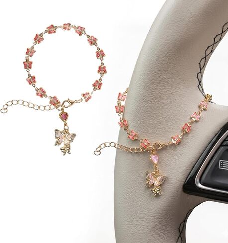 Steering Wheel Charm Accessory - Pink Butterfly Steering Wheel Chain for Automotive Protection Charm Decor Rosary Pendant Rearview Mirror Hanging Charms Gifts for Women Men Driver in Saudi Arabia