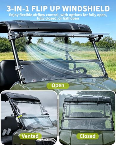 حاجب رياح قابل للطي 3 في 1 لملحقات Polaris Ranger 500، نافذة أمامية قلابة أمامية من البولي كربونات شفافة مقاس 1/5 بوصة، يمكن إغلاقها أو تهويتها أو فتحها بالكامل in Kuwait
