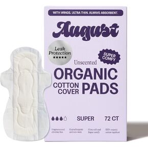 August Menstrual Night Organic Pads for Women, 100% Certified Organic Cotton Overnight Pads, Compostable Wrappers, Toxin Free, Fragrance Free, Hypoallergenic Overnight Pads with Wings, 16 Pads in Kuwait