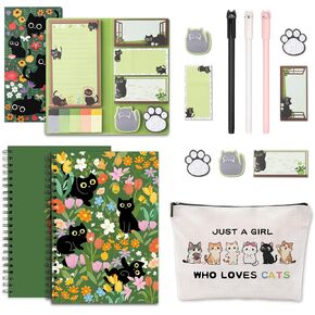 SUMMERGIFTS 6 Pcs Cat Stationery Set Pens Sticky Notes A5 Spiral Notebooks Makeup Bag Pencil Pouch for Girls Women Cute Cat Lovers Christmas Birthday Gifts School & Office Supplies (Cat Floral) in Kuwait