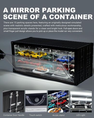 1/64 Scale Display Case Car Garage Moldel, Container Box Style LED Diorama for Toy Car Display and Storage Cars Stackable Collectible Display Box with Front Flip Door in Saudi Arabia