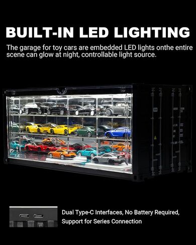 1/64 Scale Display Case Car Garage Moldel, Container Box Style LED Diorama for Toy Car Display and Storage Cars Stackable Collectible Display Box with Front Flip Door in Saudi Arabia