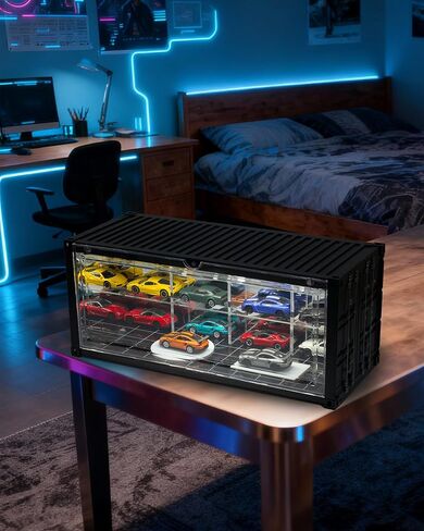 1/64 Scale Display Case Car Garage Moldel, Container Box Style LED Diorama for Toy Car Display and Storage Cars Stackable Collectible Display Box with Front Flip Door in Saudi Arabia