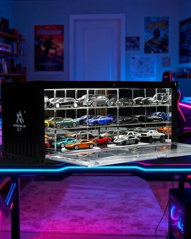 1/64 Scale Display Case Car Garage Moldel, Container Box Style LED Diorama for Toy Car Display and Storage Cars Stackable Collectible Display Box with Front Flip Door in Saudi Arabia