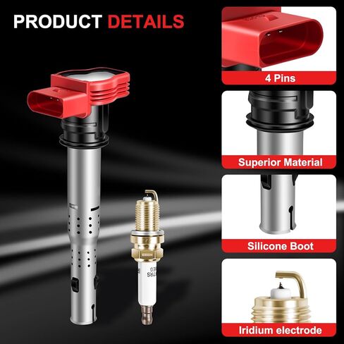 UF529 Ignition Coil Pack Iridium Spark Plugs Fits for Audi A3 A4 A5 Q5 TT, Fits for Volkswagen Beetle CC Golf GTI Jetta Passat L4 1.8L 2.0L 3.0L 3.2L 2005–2016 Set of 4 in Kuwait