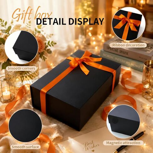 صندوق هدايا أسود كبير من Uniecovibe مع غطاء مقاس 13 × 9 × 4.3 بوصة - صندوق تذكار لهدايا رفقاء العريس، وعروض الزفاف، وعيد الحب وعيد الميلاد - يشتمل على شريط من الساتان وبطاقة هدايا وحشو ورق in Kuwait