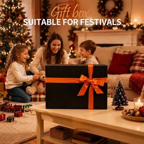صندوق هدايا أسود كبير من Uniecovibe مع غطاء مقاس 13 × 9 × 4.3 بوصة - صندوق تذكار لهدايا رفقاء العريس، وعروض الزفاف، وعيد الحب وعيد الميلاد - يشتمل على شريط من الساتان وبطاقة هدايا وحشو ورق in Kuwait