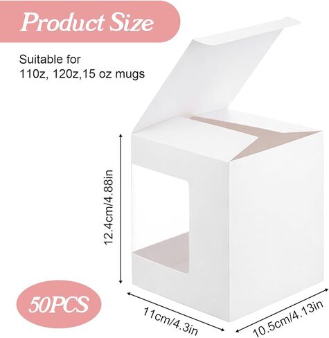 50 Pack Mug Boxes for Gifts, Small Mug Gift Box with Clear Window, 4.88 X 4.33 X 4.13 Inch White Blank Ornament Gift Box Bulk for Wedding Packaging Coffee Mugs Cups, Candle Boxes 11oz, 12oz, 15oz in Kuwait