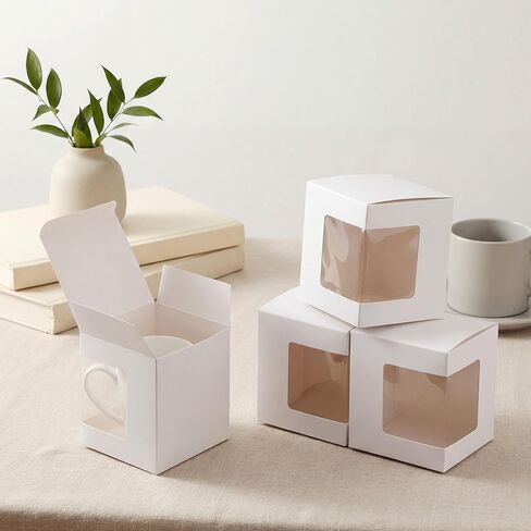 50 Pack Mug Boxes for Gifts, Small Mug Gift Box with Clear Window, 4.88 X 4.33 X 4.13 Inch White Blank Ornament Gift Box Bulk for Wedding Packaging Coffee Mugs Cups, Candle Boxes 11oz, 12oz, 15oz in Kuwait