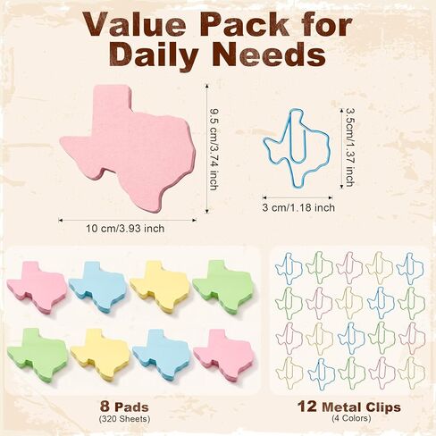 ACOCO Texas Shaped Sticky Notes and Paper Clips Set, Tear-Resistant Texas Theme Gifts for Office and Scrapbooking, 320 Sheets and 20 Metal State Clips in Saudi Arabia