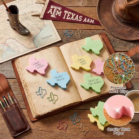 ACOCO Texas Shaped Sticky Notes and Paper Clips Set, Tear-Resistant Texas Theme Gifts for Office and Scrapbooking, 320 Sheets and 20 Metal State Clips in Saudi Arabia