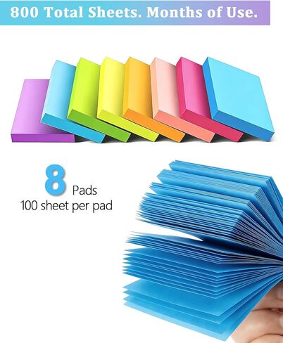 8 Pack Bright Color Sticky Notes 1.5x2 Inch, 100 Sheets/Pad 800 Total, Adhesive Memo Pads for Office School Home Organization in Kuwait