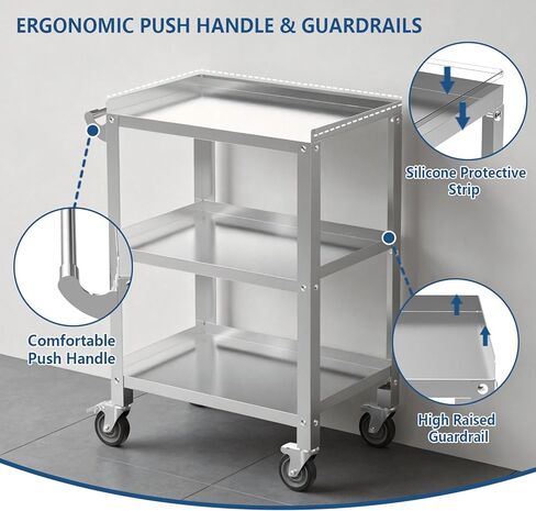 Stainless Steel Utility Cart 3 Tier - Heavy Duty Rolling Cart with Silent Wheels & Handle, Commercial Food Storage Trolley for Kitchen Restaurant Hospital Lab and Home, 16″L x 24″W x 34″H in Saudi Arabia