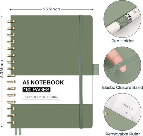 AHGXG Spiral Journal Notebook, 160 Lined Pages, A5 Medium Size (5.7'' x 8.3''), for Men & Women, Journaling, Writing, Work & Office, Hardcover, 100 GSM Thick Paper (Light Green) in Kuwait