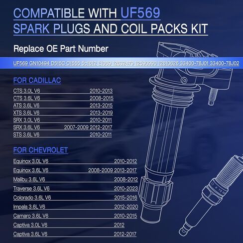 UF569 Ignition Coil and Spark Plugs Compatible with Chevrolet Malibu Equinox Traverse Impala Camaro LS LT ATS CTS SRX XTS Terrain Acadia Enclave LaCrosse 3.0L 3.6L, Replace GN10494 12632479 in Saudi Arabia