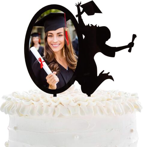 أغطية كعكة Congrats Grad 2026 - أكريليك أسود مع إطار صورة لتزيين الكيك - فئة 2026 من لوازم حفلات خريجي الكلية - صورة ظلية أنيقة لفتاة تهتف لتزيين التخرج in Kuwait
