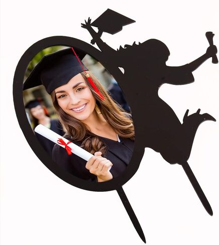 أغطية كعكة Congrats Grad 2026 - أكريليك أسود مع إطار صورة لتزيين الكيك - فئة 2026 من لوازم حفلات خريجي الكلية - صورة ظلية أنيقة لفتاة تهتف لتزيين التخرج in Kuwait