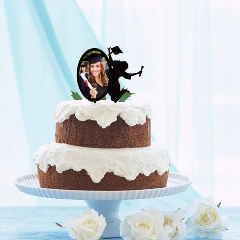 أغطية كعكة Congrats Grad 2026 - أكريليك أسود مع إطار صورة لتزيين الكيك - فئة 2026 من لوازم حفلات خريجي الكلية - صورة ظلية أنيقة لفتاة تهتف لتزيين التخرج in Kuwait