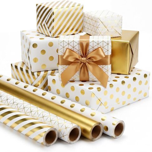 woric Gold Wrapping Paper Rolls Gold Foil Birthday Wrapping Paper with Stripe Polka Dot Diamond-Shaped Grid Design for Wedding Birthday Baby Shower - 4 Rolls - 17 in x 120 in(10ft) Per Roll in Saudi Arabia